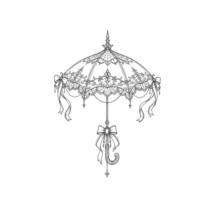 An open lace parasol has floral panels, beaded fringe and side bows, with a long handle ending in another bow and pendant.