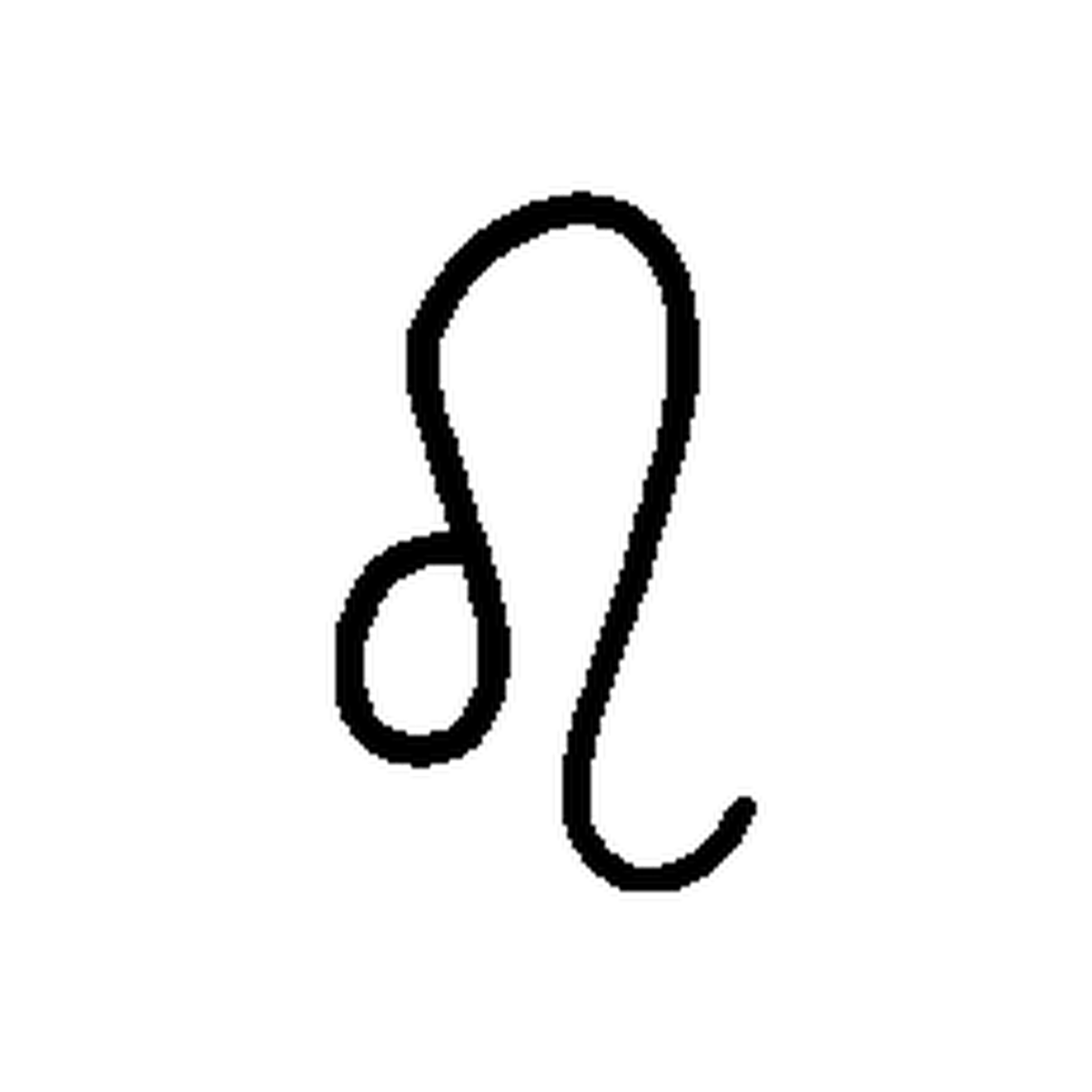 A minimal Leo zodiac glyph combines an upper loop, a small lower-left circle and a curved tail extending down to the right.