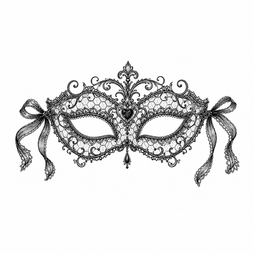 A symmetrical lace masquerade mask is filled with floral cutouts, scrollwork and a central heart jewel, with long ribbon bows at both sides.