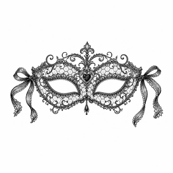 A symmetrical lace masquerade mask is filled with floral cutouts, scrollwork and a central heart jewel, with long ribbon bows at both sides.