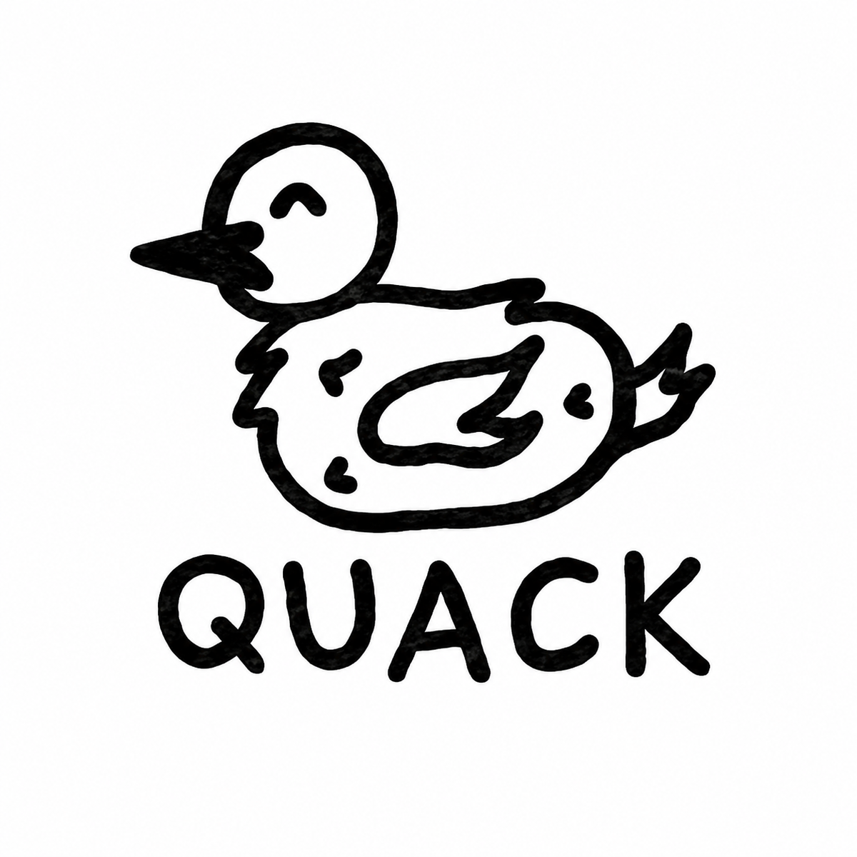 A side-view cartoon duck with a visible bill, wing and tail stands above the uppercase word QUACK.