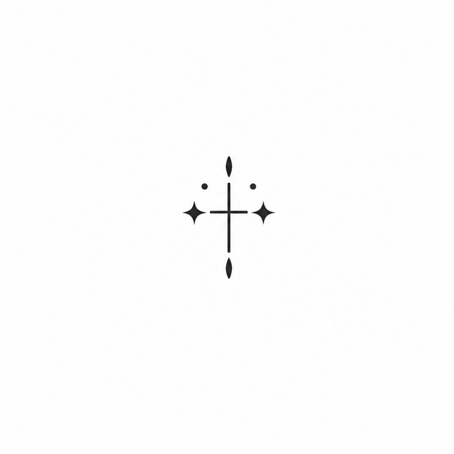 The artwork features minimal cross with sparkles.
