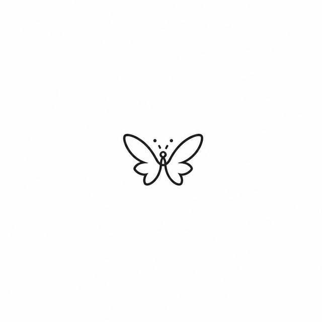 A front-facing minimal butterfly has four rounded outlined wings, with two dots and two short marks above its antennae.