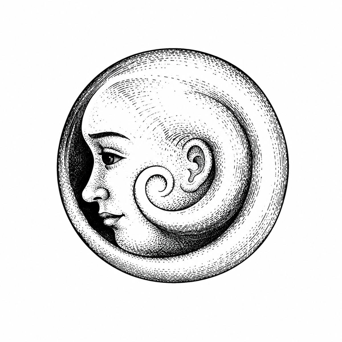 A woman's profile is embedded in a circular spiral form, with a shell-like curl around the ear and a thick outer ring.