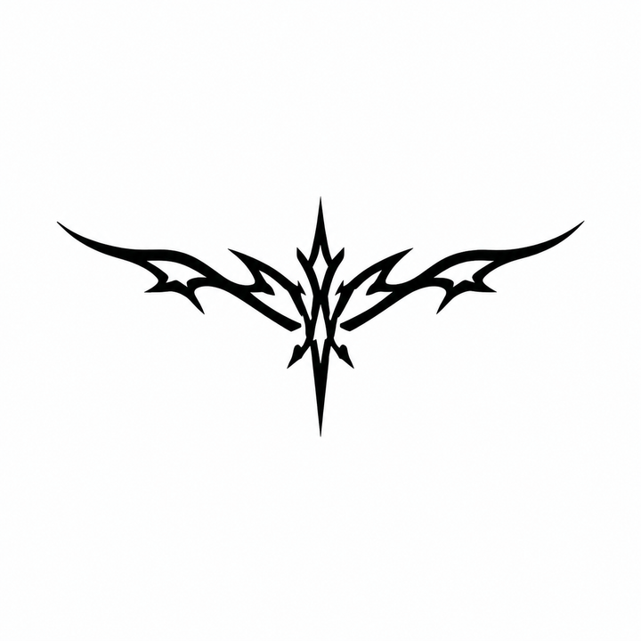 A symmetrical black tribal winged emblem has a pointed vertical center and long sharp wings.