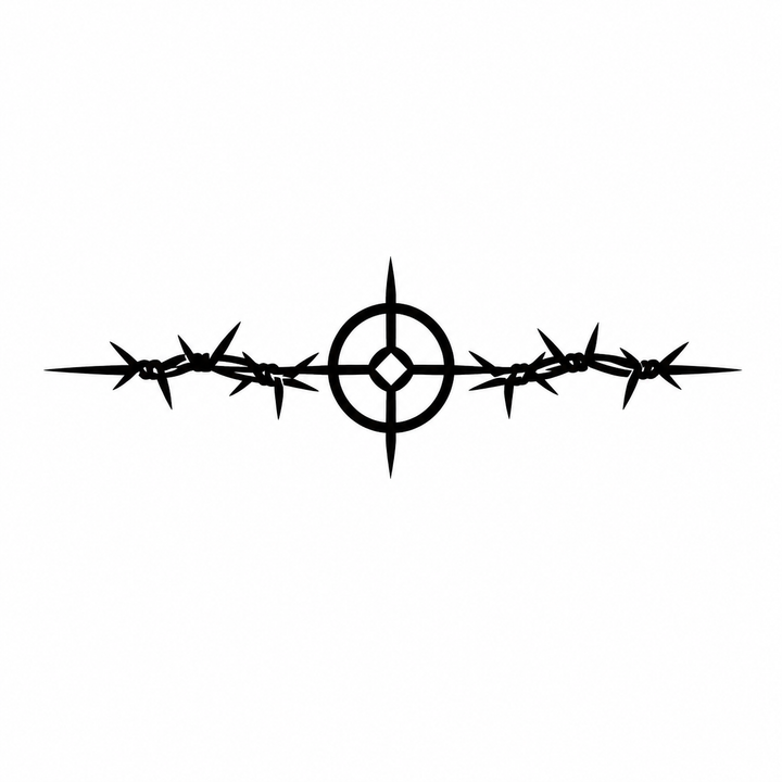A horizontal barbed wire line crosses a circular target with a hollow diamond at center and pointed markers in four directions.