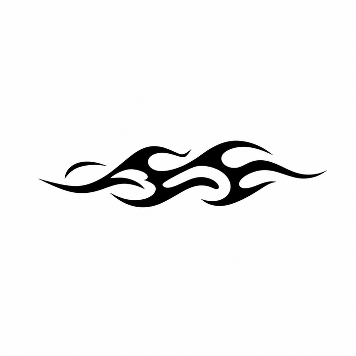 A symmetrical solid-black tribal flame band intertwines opposing S-shaped flames at center and tapers into long points at both ends.