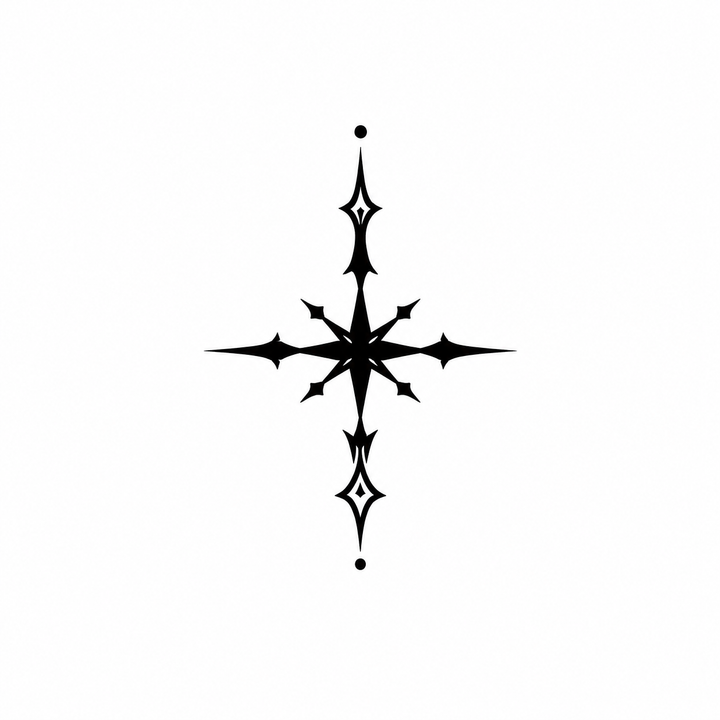 A black four-way flare-cross variant sends dense spikes outward, ending above and below in outlined diamonds and dots.