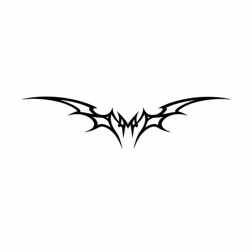 A symmetrical black tribal bat emblem spreads long pointed wings from a sharp central body.