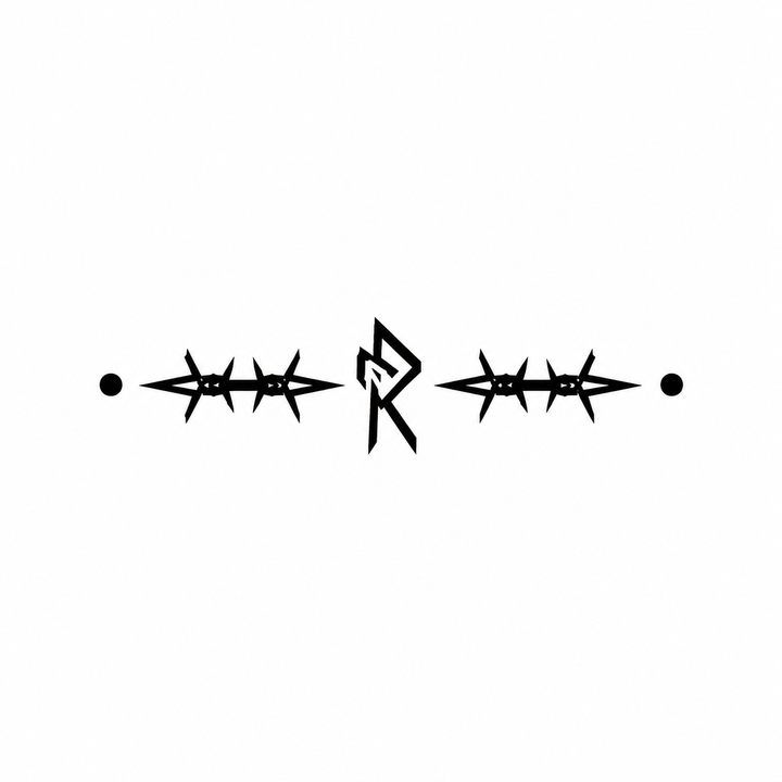 A horizontal barbed line centers an angular rune, with star-like thorn knots on both sides and a dot at each outer end.
