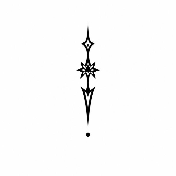 A vertically symmetrical black tribal ornament has pointed ends, a many-petal star flower at the center and a dot below.