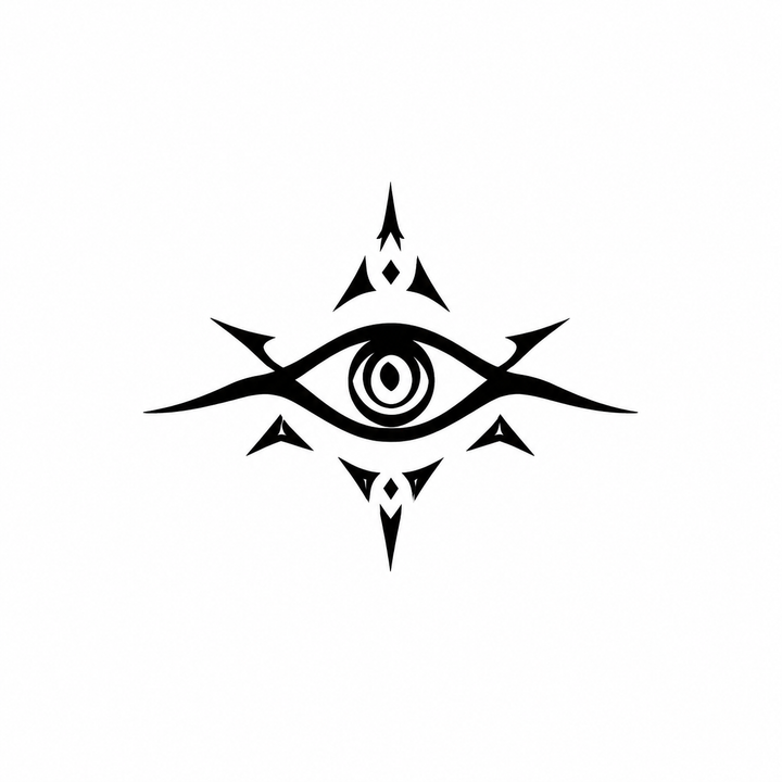 A tribal-style eye stretches horizontally around a double-ring iris with flame-like triangular points above and below.