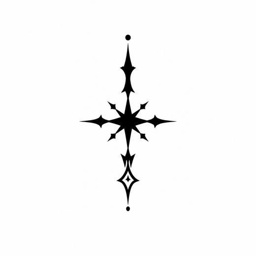 A solid black four-way flare cross extends long points from a central star, with small branching spikes, diamond cutouts and dots.