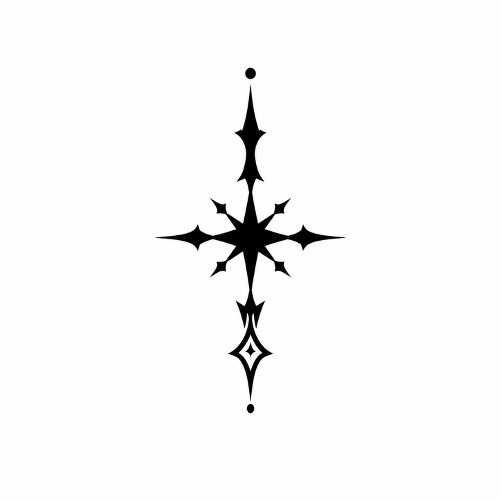A solid black four-way flare cross extends long points from a central star, with small branching spikes, diamond cutouts and dots.