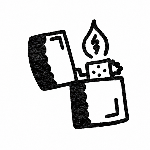 An open flip-top lighter has dark shaded panels on its body and lid, with a flame rising from the burner.