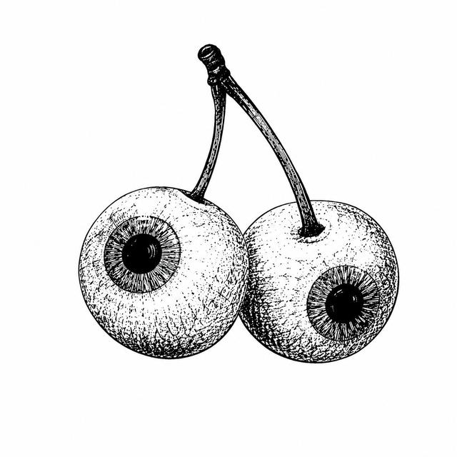 A pair of detailed eyes with visible irises is arranged in the shape of cherries and connected by curved cherry stems.