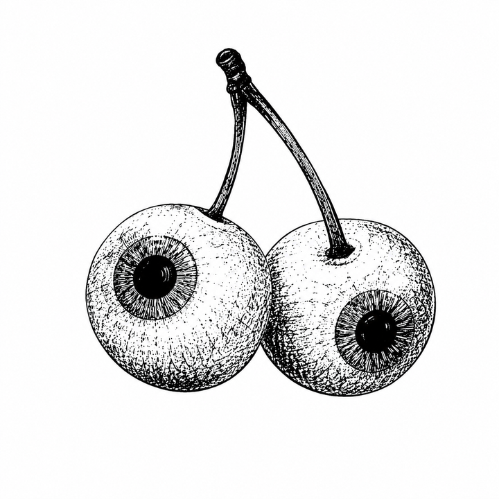 A pair of detailed eyes with visible irises is arranged in the shape of cherries and connected by curved cherry stems.