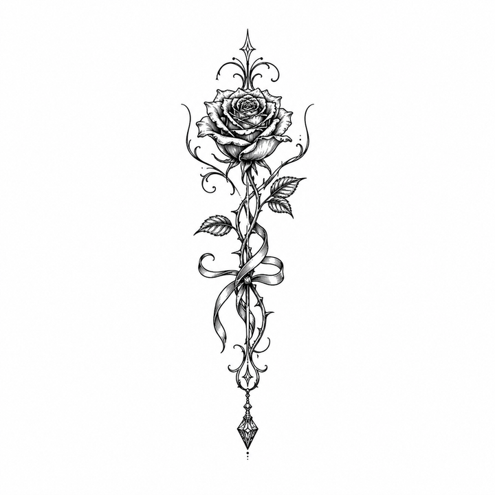 An engraved rose grows along an ornate vertical stem tied with a bow and ending in a diamond jewel pendant.