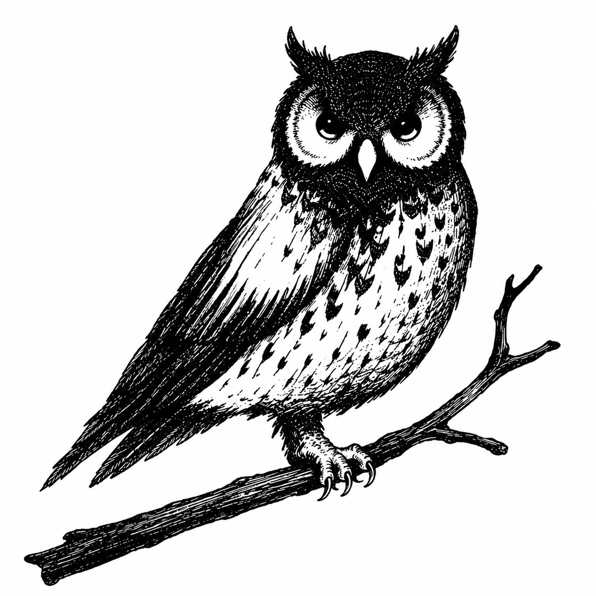 A stern owl perches in side view on a branch, showing ear tufts, a hooked beak, claws and dense feather shading.