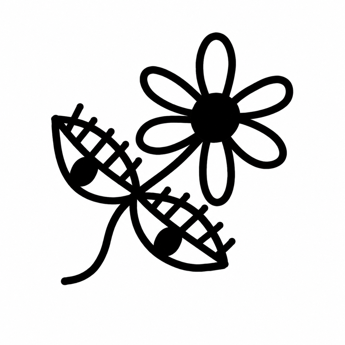 A diagonal flower stem carries two crosshatched leaves and a seven-petal flower with a solid black center.
