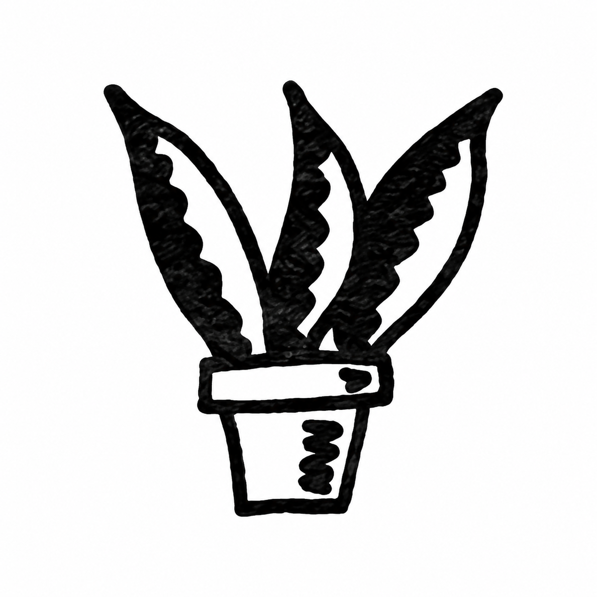 A potted plant has three tall pointed leaves with dark wavy interiors, set in a square pot with a horizontal band and small spiral mark.
