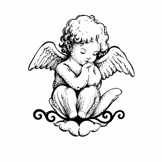 A curly-haired cherub sits on a cloud-and-scroll base with spread wings, bowed head and hands joined in prayer.