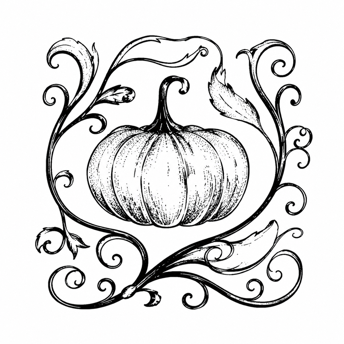 A round pumpkin sits inside a square-like frame of symmetrical curling vines and leaves.
