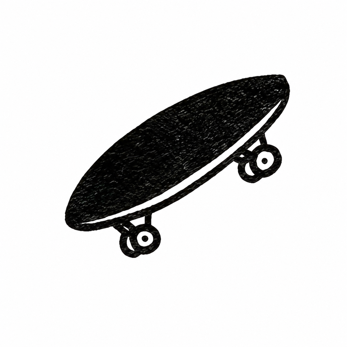 A skateboard angles upward to the right, with a dark oval deck and two visible wheel assemblies underneath.