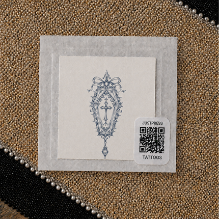 Ribbon Coffin Cross Wrist Temporary Tattoo - JUST PRESS physical packaging image