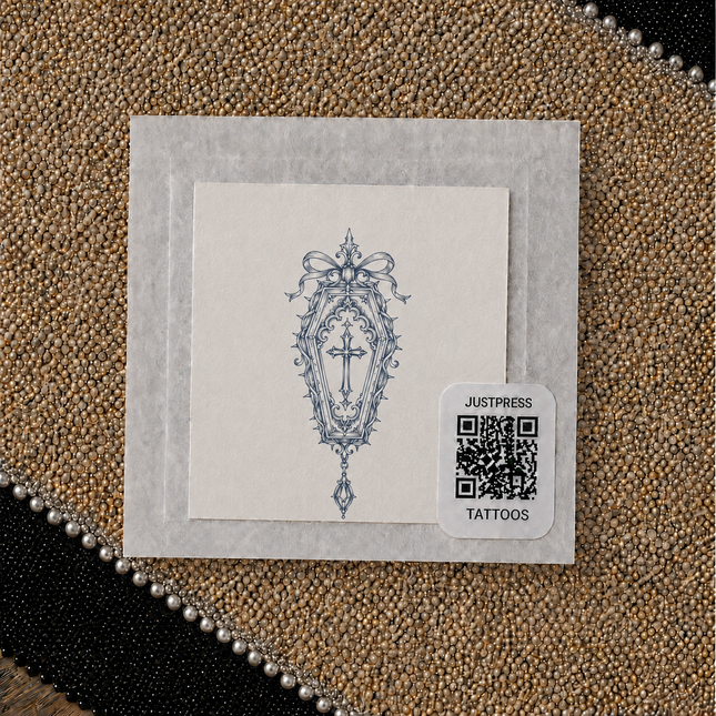 Ribbon Coffin Cross Wrist Temporary Tattoo - JUST PRESS physical packaging image