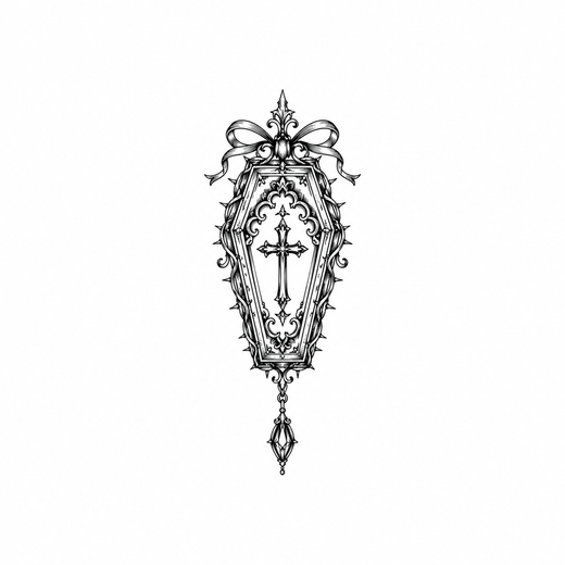 An ornate coffin-shaped frame is topped by a bow, holds a long cross at center and ends in a jeweled pendant.