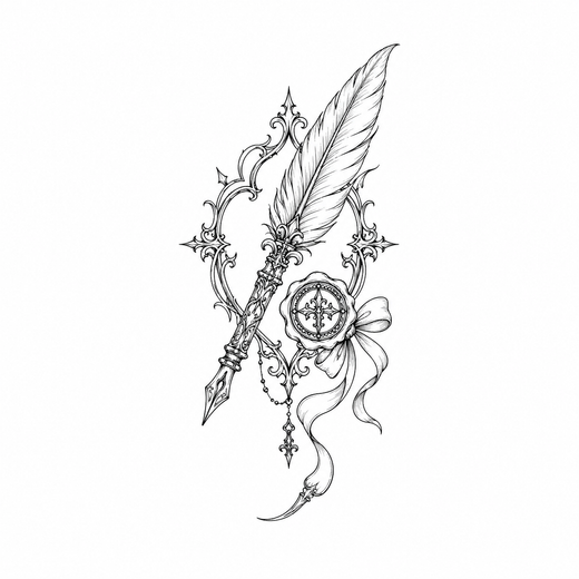 An ornate feather quill crosses a Gothic scroll frame beside a round compass or wax seal, flowing ribbon and small star accents.