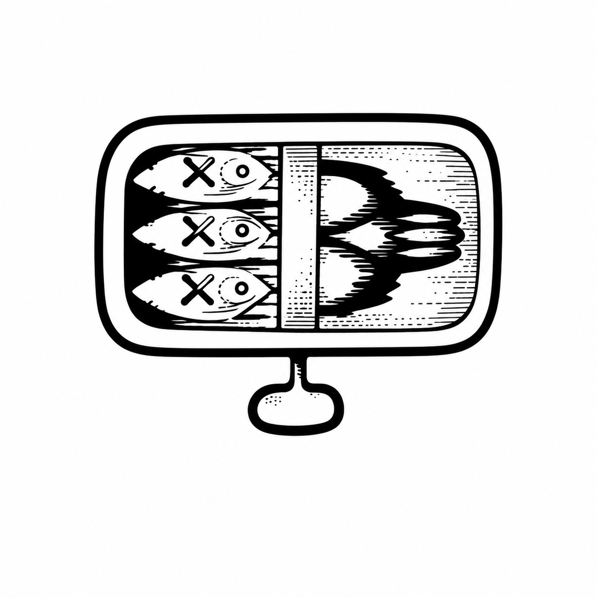 A rounded sardine tin has a pull tab at the bottom and three fish arranged side by side; each fish has a round eye and an X mark on its body.