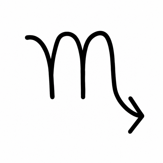 A minimal Scorpio zodiac glyph has three arched vertical strokes, with the right stroke curving downward into an arrow tip.