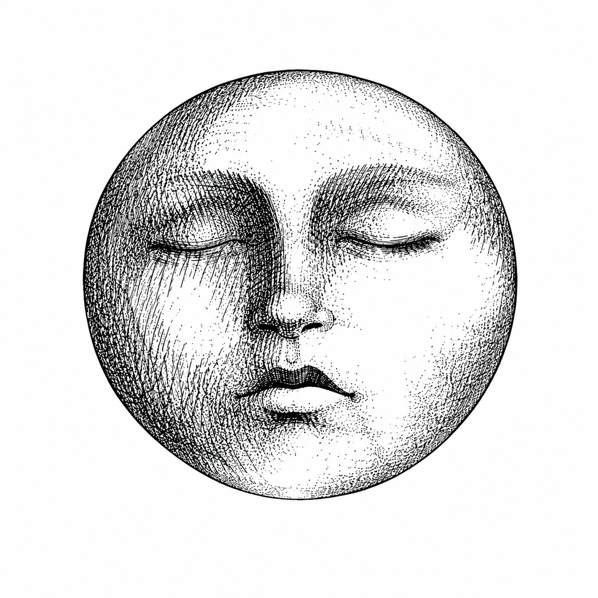 A serene face with closed eyes fills a round moon disc, shaded with fine crosshatching across the forehead and cheeks.