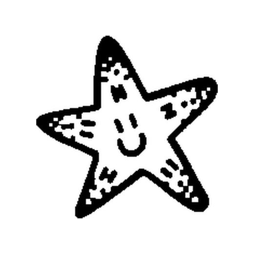 A smiling five-point starfish has black spots and short texture marks across its arms.
