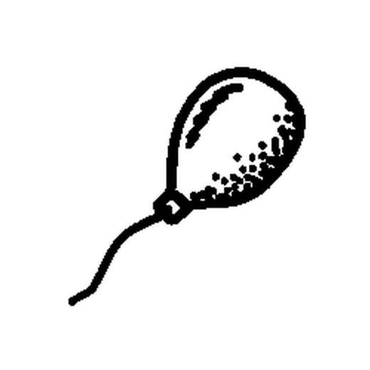 An oval balloon with a trailing string has dense stippled shading at lower right and a highlight at upper left.