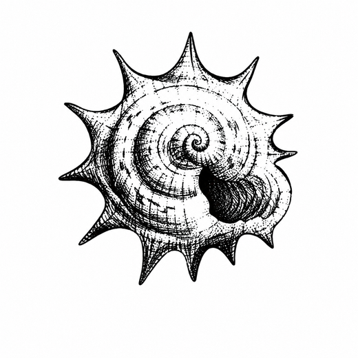 A spiral seashell has multiple sharp spikes around its rim, with dense hatching inside the opening and coil.