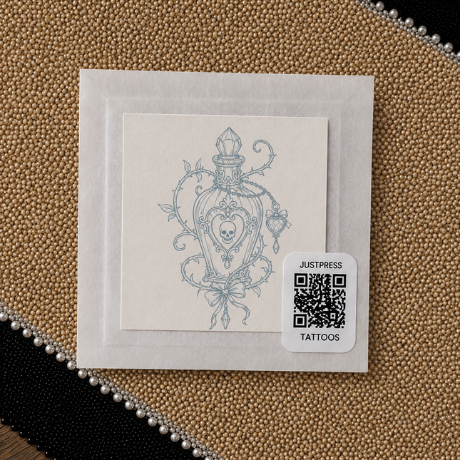 Thorn Apothecary Bottle Wrist Temporary Tattoo - JUST PRESS physical packaging image