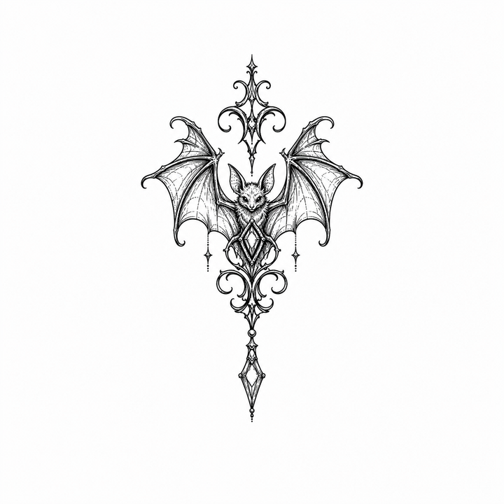 A bat with spread wings sits inside symmetrical gothic filigree with diamond and jewel-like accents.