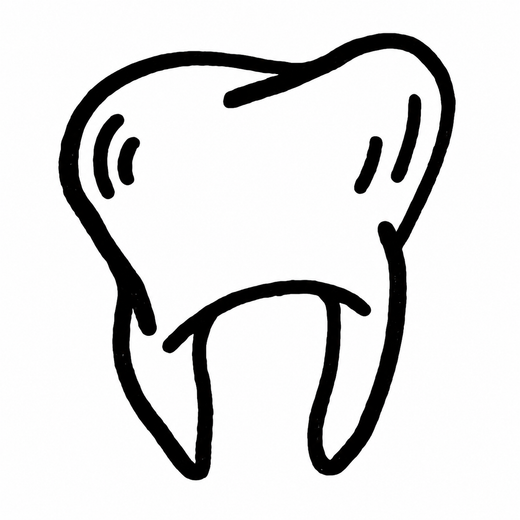 A front-facing molar outline has a broad rounded crown, two roots and a few short highlight marks.