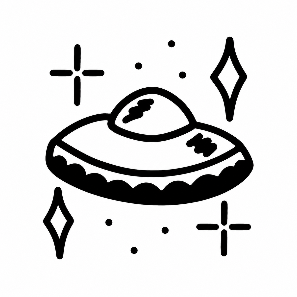 A disc-shaped UFO with a domed cockpit and dark lower rim is surrounded by four-point sparkles and dots.