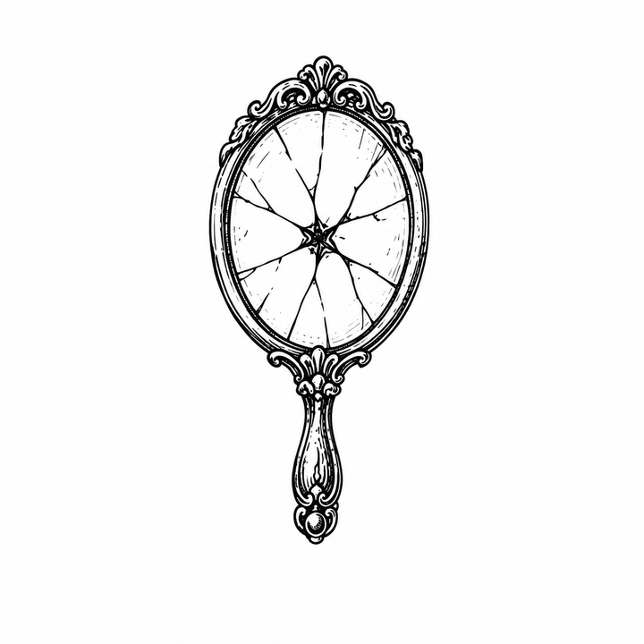 The artwork features a cracked ornate hand mirror.