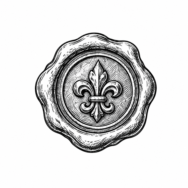 The artwork features fleur-de-lis wax seal.