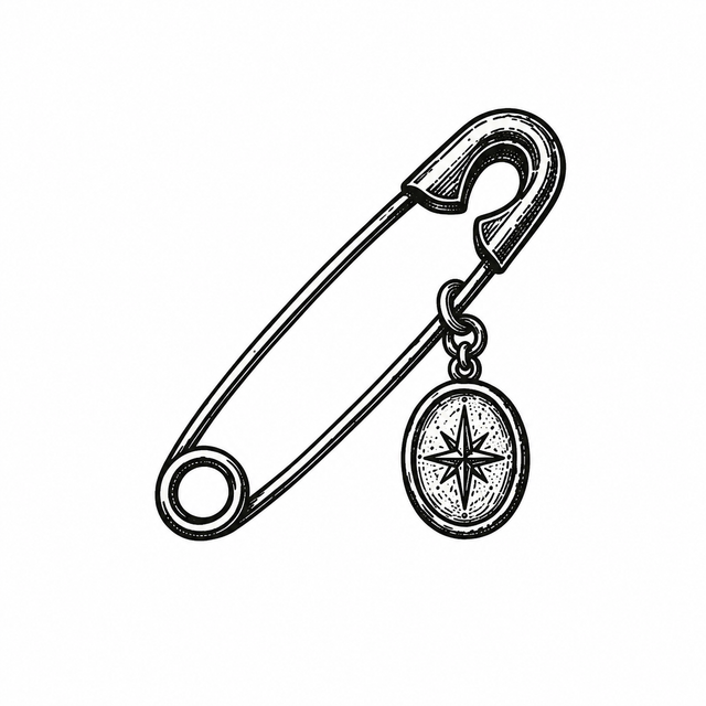 The artwork features a safety pin with compass charm.