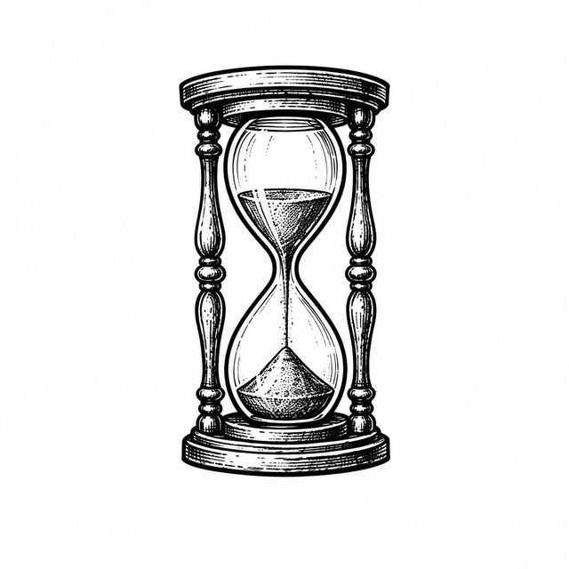 The artwork features a vintage hourglass.