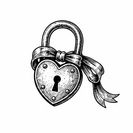 The artwork features a heart padlock with ribbon bow.