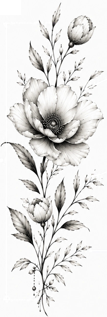 Black-gray botanical tattoo design with balanced detail, tonal contrast and negative space