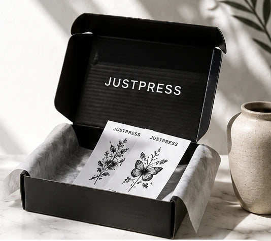 JUSTPRESS custom tattoo set packaged for shipping